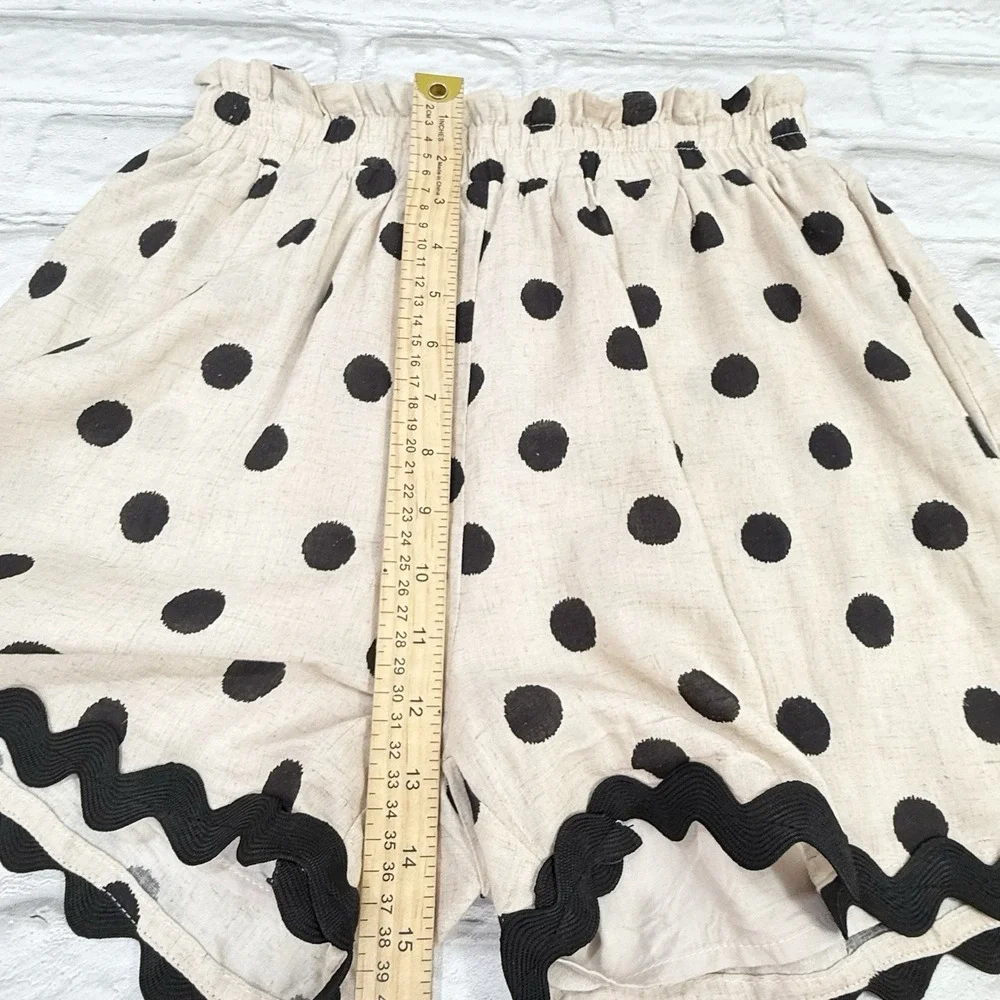 Aaron & Amber Linen Blend Shorts Khaki Black Polkadot Scalloped Hem Flowy Boho S